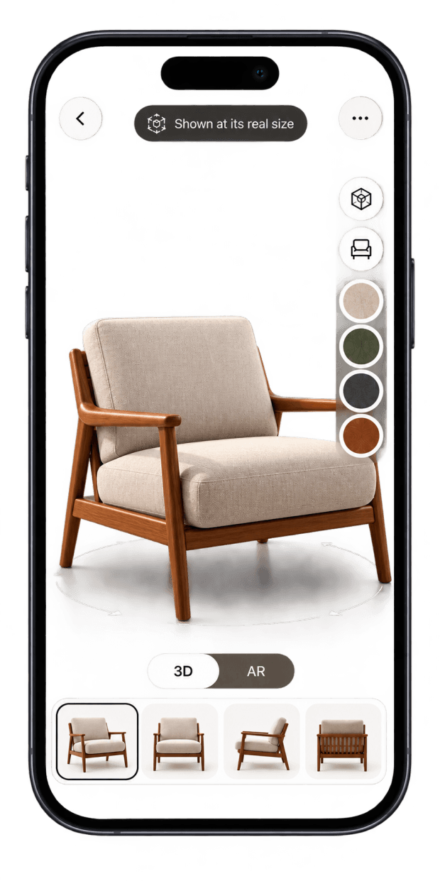A phone showing a chair in an interactive 3D and AR viewer, with colour options and camera angles