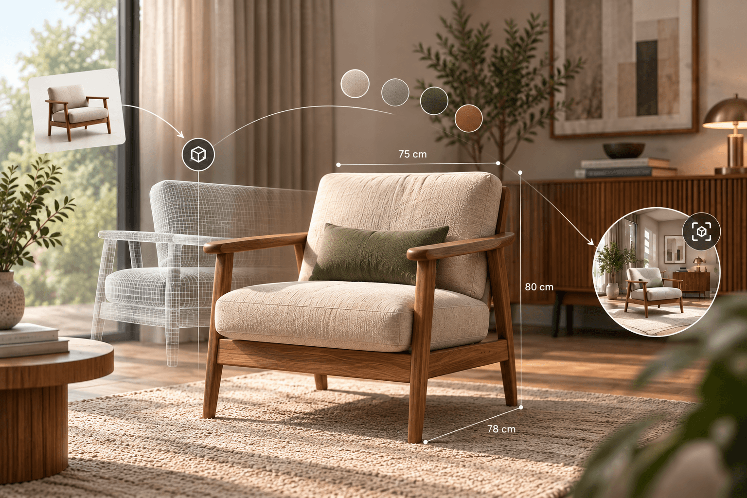 A product photo turned into an AI-generated 3D model, previewed in a room and viewed in AR on a phone, with its finishes and real dimensions shown alongside it